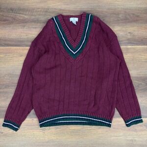 Vintage American Weekend Burgundy V-Neck Cable Knit Collegiate Sweater Mens Lrg
